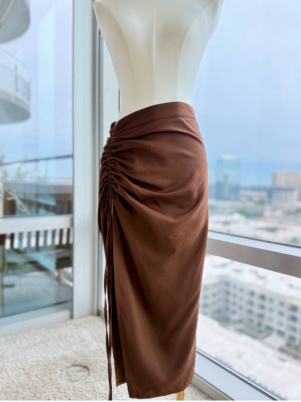 PrettyLittleThing Brown Asymmetrical Ruched Satin Skirt